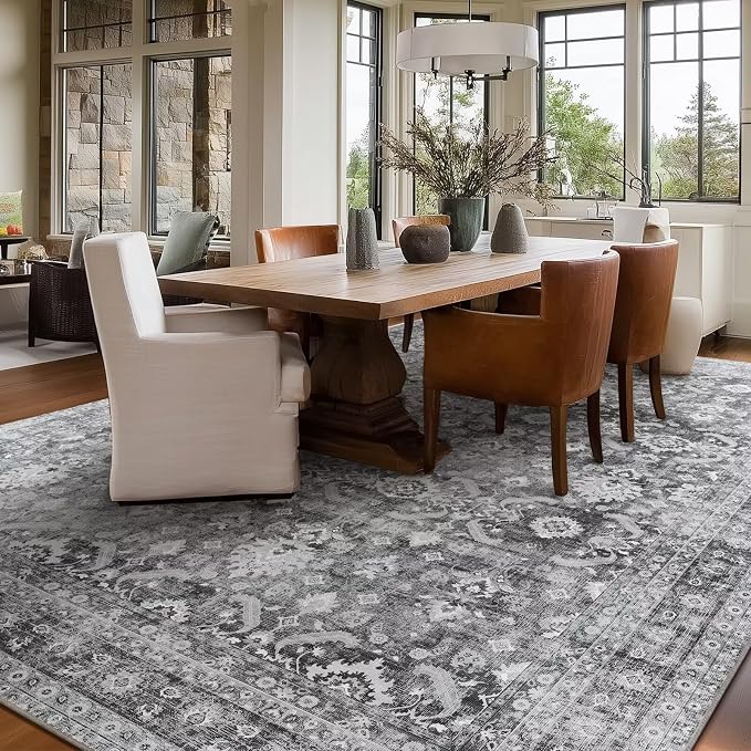 Boho Washable 8x10 Area Rugs for Living Room, Cushioned, Grey | Vintage Non-slip Neutral Oriental Rugs for Bedroom Dining Room Nursery Office High Traffic Area