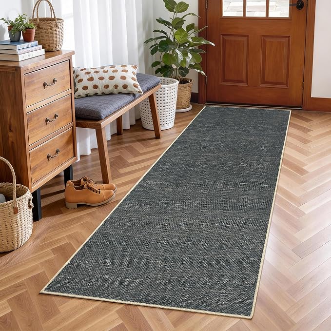 GarveeHome 2x6 Runner Rug for Hallway Modern Solid Washable Kitchen Rugs | Non Slip Bordered Runner Rugs Indoor Neutral Easy Jute Runners for Bedroom Nursery Entryway Living Room, Grey