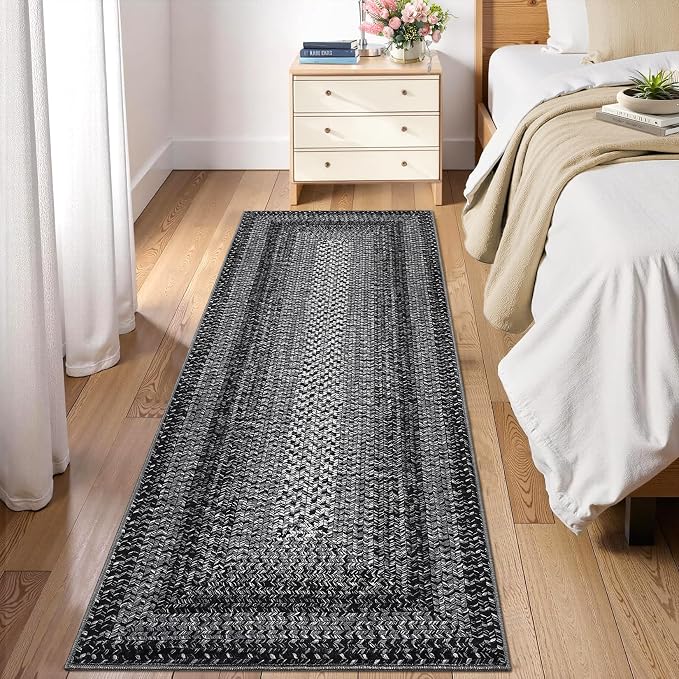 RUGSREAL Runner Rug for Hallway Kitchen Runner Rug 2x10, Machine Washable Long Runner Throw Carpet with Rubber Backing, Stain Resistant Braided Printed Entryway Carpet for Bedroom Living Room, Black