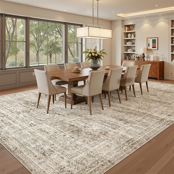 Soalmost Washable Area Rug 8x12, Large Soft Rugs for Living Room Vintage Brown Carpet 8x12 Area Rugs for Bedroom Dining Room Non-Slip Stain Resistant Under Table Rug
