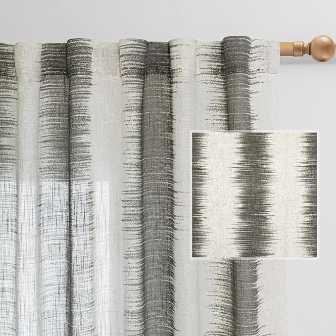 MYSKY HOME Bedroom Curtains Linen Textured Sheer Panels, Curtains 63 Inch Length Light Filtering Lines Back Tab Semi Sheer Window Treatment Farmhouse Style Drapes for Bedroom, 50"x63", Khaki, 2 PCs