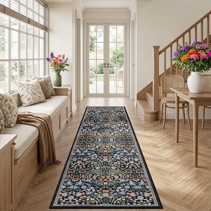 Runner Rug for Entryway: 2.6x10 Kitchen Rugs Non Slip Washable Ultra-Thin Soft Floral Carpet Indoor Floor Stain Resistant Carpets for Hallway Bedroom Kitchen Laundry Bathroom Dorm Dark Black