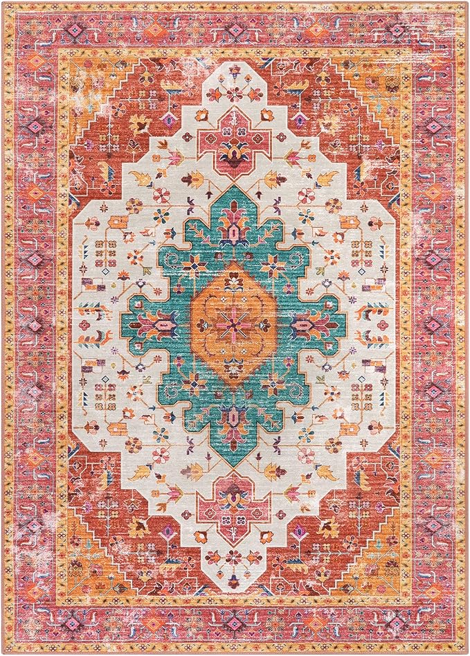 Moynesa Ultra-Thin Pink Area Rug - 8x10 Bedroom Living Room Rug Non-Slip Non-Shedding Nursery Mat, Indoor Oriental Medallion Floor Carpet for Dining Room Entryway Playroom