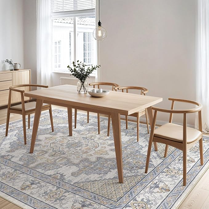 Tortania Area Rug Living Room Rugs - 6x8 Washable Boho Rug Vintage Oriental Distressed Farmhouse Large Thin Indoor Carpet for Living Room Bedroom Under Dining Table Home Office - Blue Beige