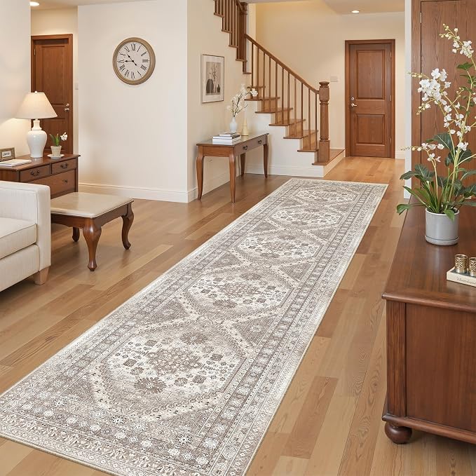 2'6" x 12'Non Slip Runner Rugs - Runners for hallways, Kitchen,Entryway,Stain Resistant Washable Rugs for Bedroom, Indoor Vintage Area Rugs (Brown/Beige,2'6" x 12')