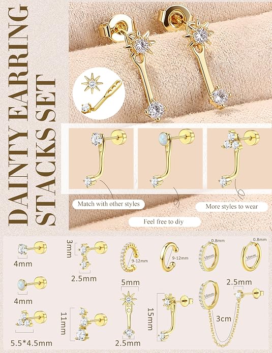 Florideco Small Stud Hoop Earrings for Women Hypoallergenic 14K Gold Plated Surgical Stainless Steel Flat Back Earrings Dainty Hoop Stud Earring Stacks Cartilage Earring Set for Multiple Piercing