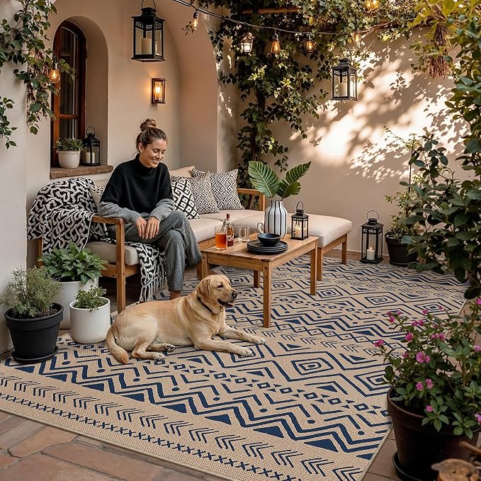 PureCozy 5x7 Easy Jute Outdoor Rug Blue Boho Indoor Outdoor Area Rug Farmhouse Patio Carpet for Backyard, Patio, Porch, Living Room， Easy-Cleaning, High Traffic, Pet-Friendly, Non-Shedding