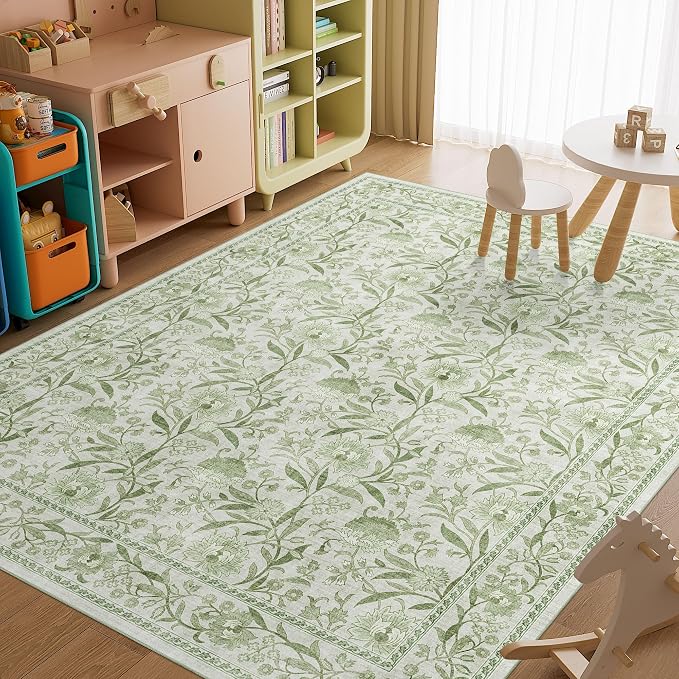 DUKINO 8x10 Area Rug Vintage Floral Washable Rug for Living Room Sage Green | Non Slip, Low Pile, Non-Shedding, Stain Resistant Boho Soft Indoor Large Carpet for Bedroom Dining Room Farmhouse, Home Decor