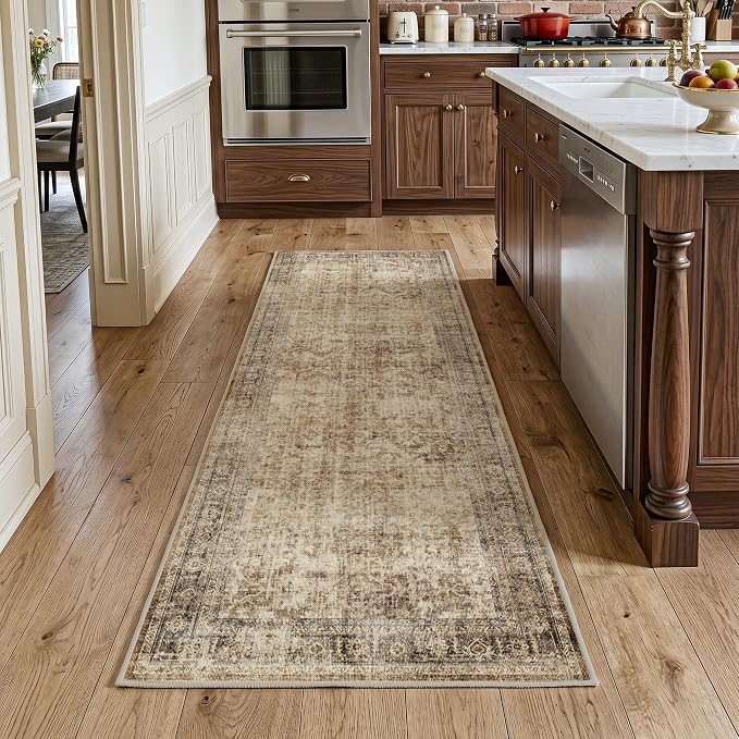 FMFUNCTEX 2x6 Hallway Runner Rug Brown Neutral Vintage Washable Distressed Non Slip Low Pile Oriental Indoor Carpet Soft Retro Entryway Rug for Kitchen Laundry Entrance Entry Living Room Bedroom