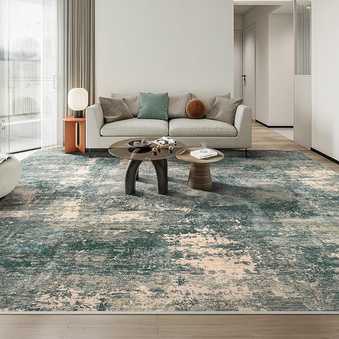 Abstract 9x12 Area Rug: Machine Washable Non Slip Ultra Thin Low-Pile Carpet, Soft Stain Resistant for Living Dining Room Bedroom, Kid Pet Friendly, Robot Vacuum Compatible - Dark Green/Beige