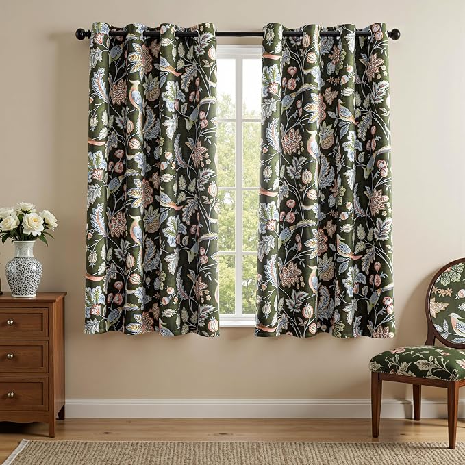 MYSKY HOME Floral Boho Blackout Bedroom Curtains 63 inch Long Room Darkening Thermal Insulated Vintage Curtains with Patterned Bird Design Grommet Drapes for Home Decor,2 Panels, 52" x 63", Green