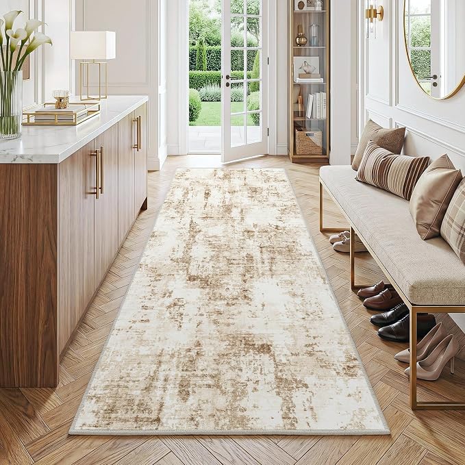 FMFUNCTEX 3x8 Runner Rug Washable Brown Beige Modern Abstract Neutral Non Slip Low Pile Entryway Hallway Soft Accent Indoor Carpet for Kitchen Bedroom Bathroom Laundry Entrance Bedside Living Room