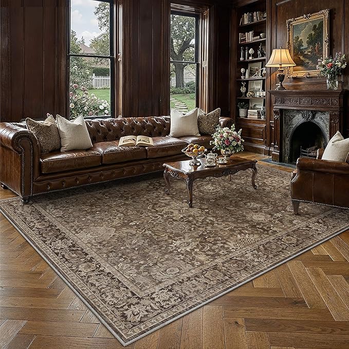 HUGEAR Area Rugs 10x12 Brown Washable Rug for Living Room Bedroom Large Neutral Vintage Rug Carpet Distressed Soft Durable Non Slip No Shedding for Indoor Dining Nursery Farmhouse