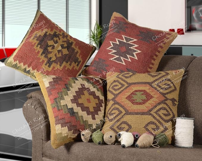 Chouhan Rugs 4 PCS Set of Hand Woven Jute Kilim Cushion Cover Indian Vintage Pillows 18X18 Rug Boho Shams (Pattern 2)