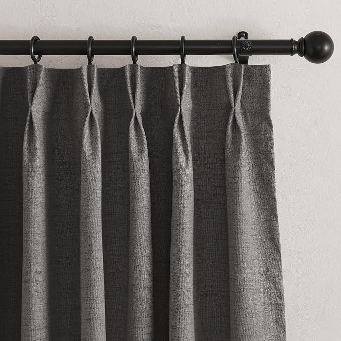 RYB HOME Pinch Pleated Back Tab Curtains Linen Textured 100% Blackout Curtains Thermal Insulated for Bedroom Living Room Bay Window Drapes, W 42 x L 90 inches, Grey, 2 Panels