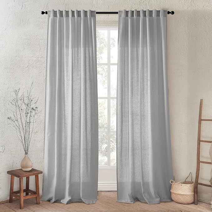 XTMYI Light Grey Curtains for Living Room Bedroom,Linen Boho Back Tab Pleated Sheer Curtain Set of 2 Panels,90 Inches Long