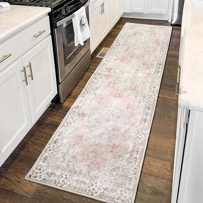 MUJOO Pink Runner Rug Washable 2x8 Area Rugs Non Slip Low-Pile Flowers | Long Throw Carpet for Hallways Entryway Kitchen Bathroom Bedside Bedroom Laundry Boho Soft Indoor Retro Floral Light Blush