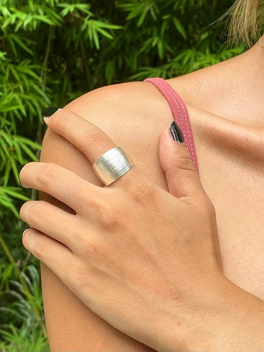 Sterling Silver Handmade Wide Convex Band Ring, Classic Semi-Shiny Finish Wrap Band, Adjustable to Sizes 6-11, Can fit Also as Thumb ring, Gift for Her