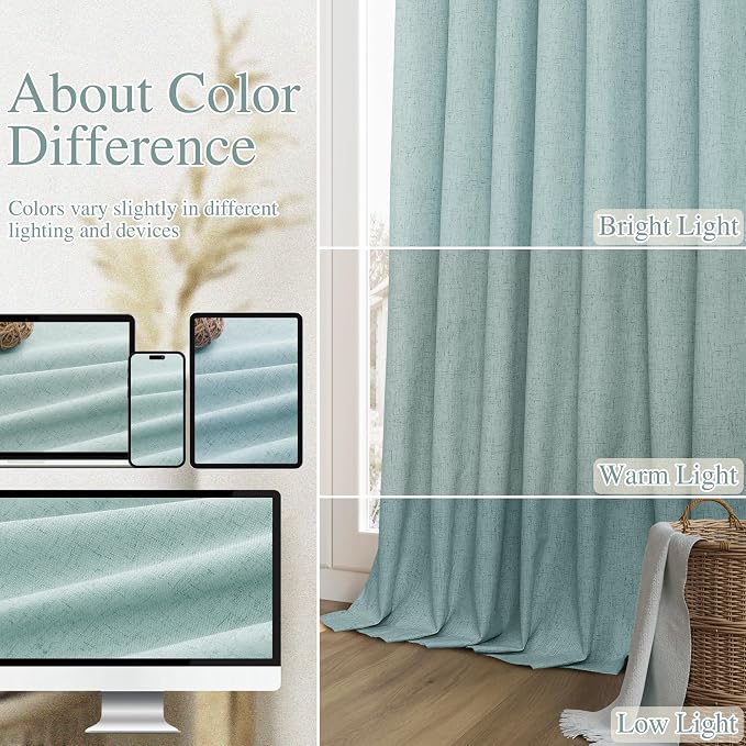 Guken Light Blue 100% Blackout Linen Curtains 100 Inch Length 2 Panels Set for Living Room Back Tab Thermal Insulated Black Out Drapes Room Darkening Farmhouse Style for Bedroom Window Curtains