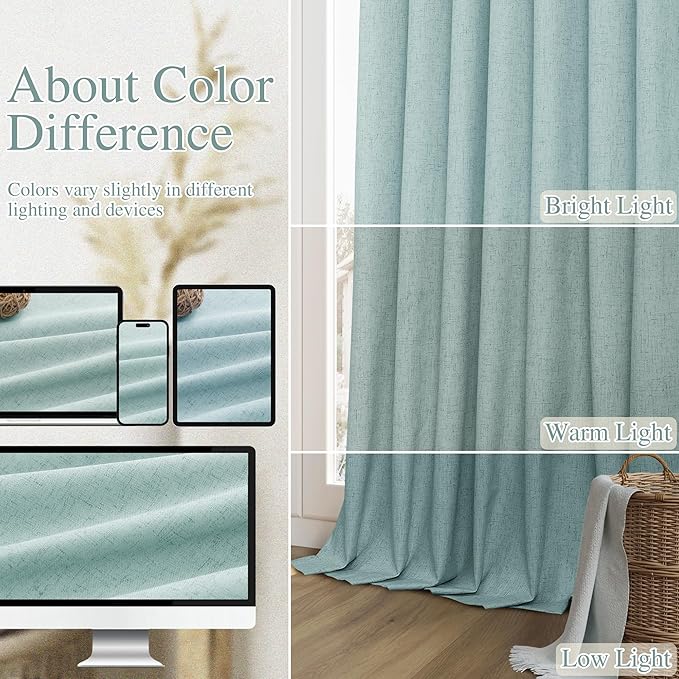 Guken 100% Blackout Linen Curtains 80 Inch Length 2 Panels Set for Living Room Bedroom Back Tab Thermal Insulated Black Out Linen Drapes Room Darkening Window Curtains,Light Blue