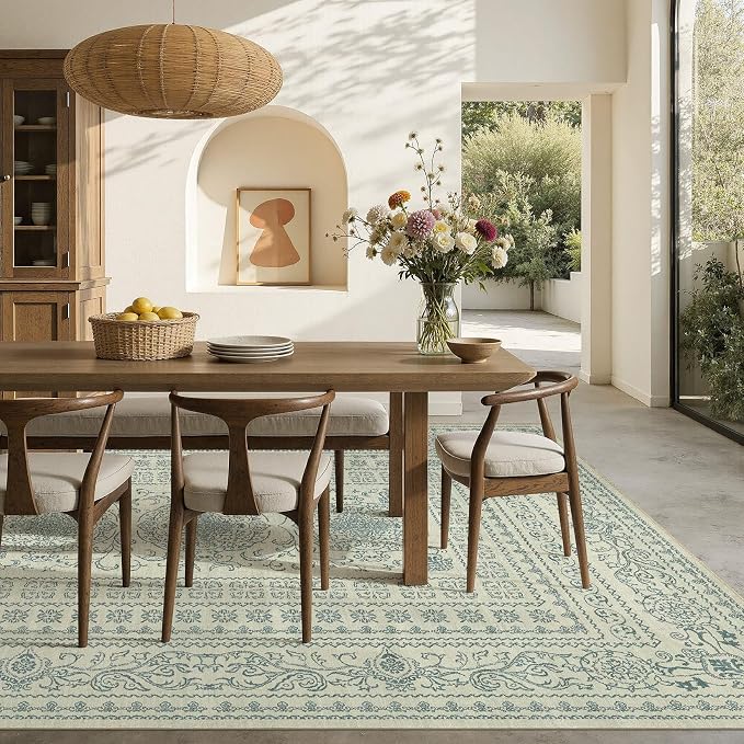 Nakagishi 8x10 Area Rugs Living Room: Washable Large Vintage Rug Neutral Non-Slip Soft Stain Resistant Indoor Carpet for Bedroom Nursery Dining Room Office Playroom - Forest Green