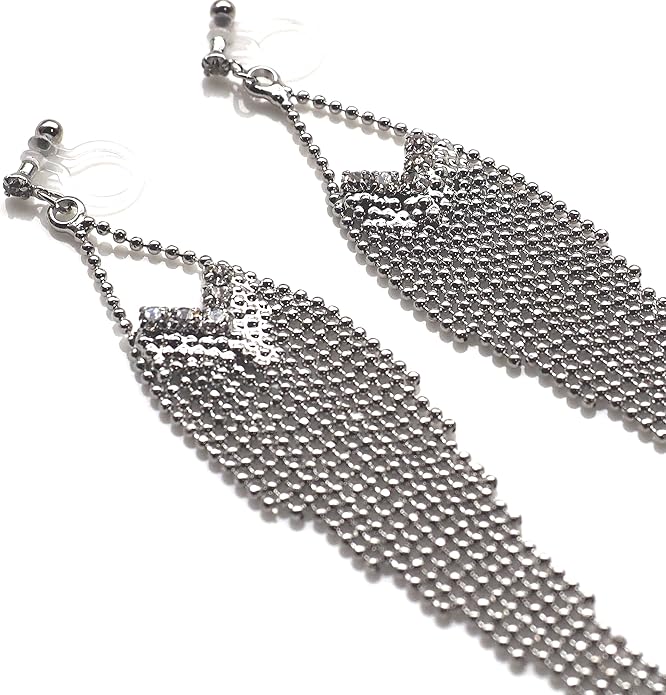 Dangle Silver Invisible Clip On Earrings for Women Not Pierced Gold Crystal Rhinestone Comfortable Hoop Fringe Long Chain Clip On Earrings
