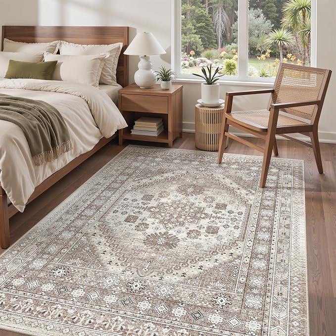 befbee 6x9 Area Rugs for Living Room - Stain Resistant Machine Washable Rugs for Bedroom,Non-Slip Backing Large Area Rug (Brown/Beige, 6'x9')