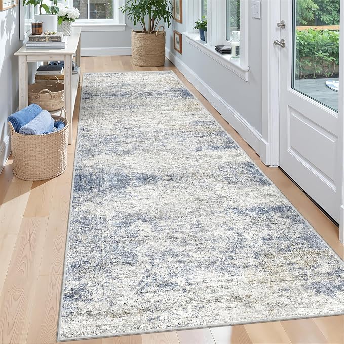 2'6 x 8' Runner Rug Non Slip,Washable Kitchen Rugs,Blue | Neutral Rugs for Kitchen,Entryway,Bedroom,Bathroom,Nursery Room,Thin,Soft Runner Rug,Stain Resistant Indoor Carpet