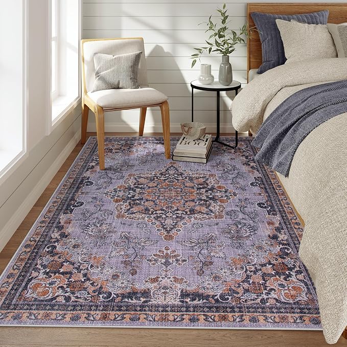 Lahome Oriental Area Rug for Bedroom, Washable 5x7 Purple Rug for Living Room Ultra-Thin Soft Boho Rug for Bedside, No Shedding Vintage Area Rug for Dining Room Office (Purple, 5'x7')