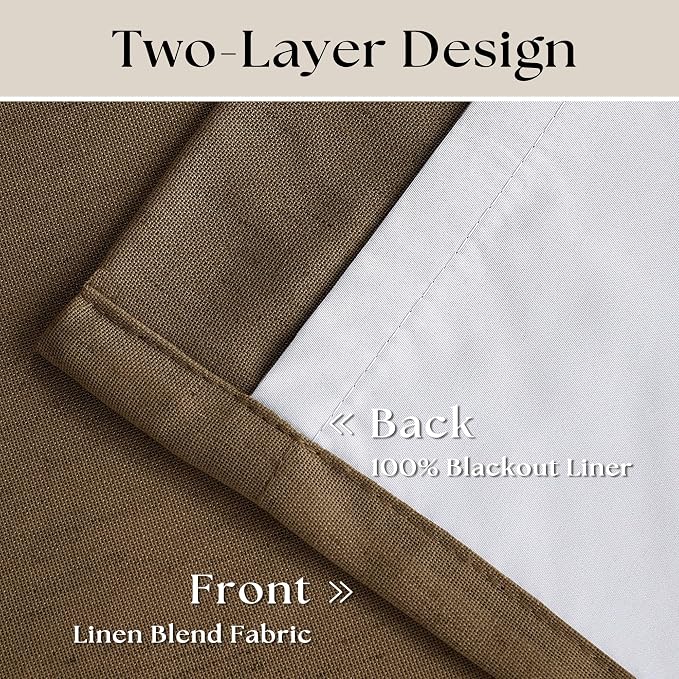 Dutch Cocoa Pleated Linen 100% Blackout Curtains 90 Inches Long for Bedroom | Pinch Pleat Rings Hooks Back Tab, Black Out Thermal Insulated Room Darkening, Dark Brown Curtains with Liner, for Living Room