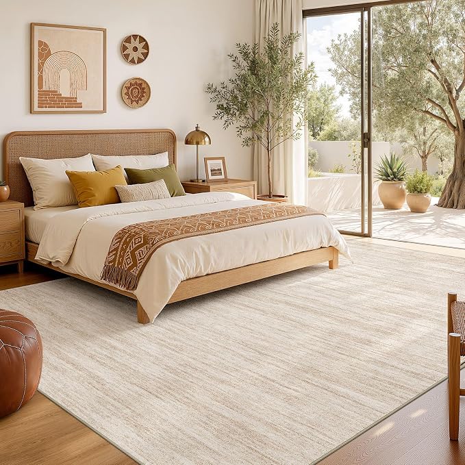 Nakagishi 6X8 Area Rugs Living Room: Washable Large Vintage Rug Neutral Non-Slip Soft Stain Resistant Indoor Carpet for Bedroom Nursery Dining Room Office Playroom - Beige