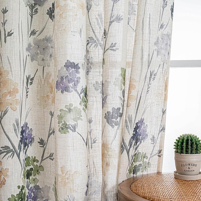 MYSKY HOME Sage Green Floral Linen Spring Curtains 84 inch Long 2 Panels Set Semi Sheer Light Filtering Farmhouse Flower Pattern Grommet Top for Living Room Bedroom, 52" W Each Panel
