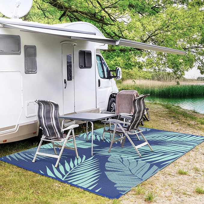 GENIMO Outdoor Rug, Waterproof Plastic Rugs for Patio, 6'x9' Navy Green | Outside Larger Leaf Carpet Mat for Porch Decor, Deck, Balcony, Camping, RV, Backyard, Picnic, Beach, Reversible, Foldable