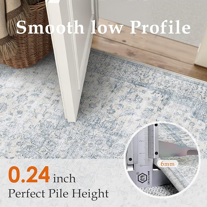 PureCozy 4x6 Washable Small Area Rug Neutral Blue Vintage Floral | Non Slip, Soft Low Pile, Indoor Carpet for Entryway, Kitchen, Apartment Living Room, Bedroom, Coastal Decor