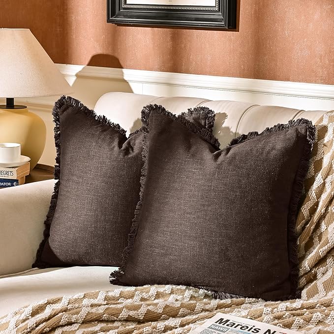 AmHoo Pack of 2 Linen Pillow Covers with Tassels Fringed Decorative Rustic Natural Throw Pillowcase Cushion for Couch Sofa Bedroom 26 x 26-Inch Brown