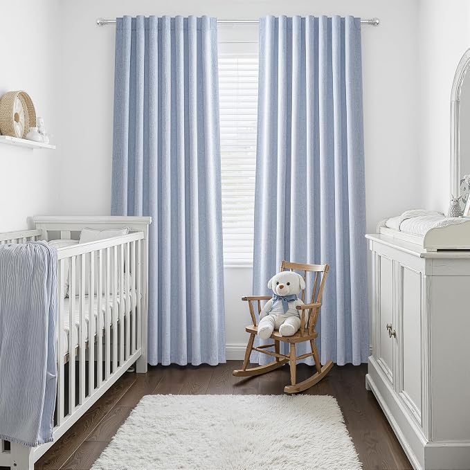 Dusty Blue Blackout Nursery Curtains 90 Inch Length for Kids/Boys Rooms/Bedroom, Floor to Ceiling Track Pleated Window Drapes with Hooks Linen Winter Thermal Coastal Light Blue(50"Wx90"Lx 2Panels)