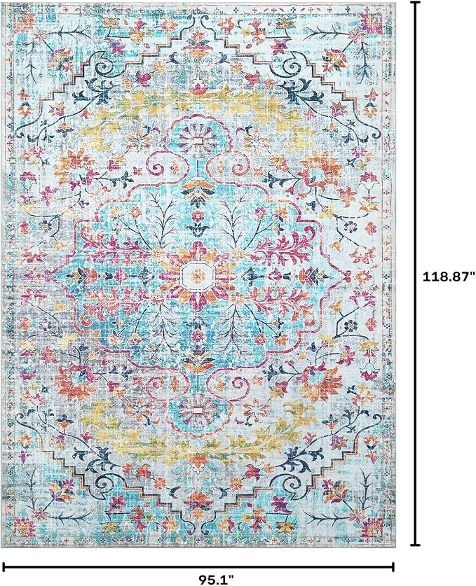 Mandala - Indoor Area Rugs 8x10 Washable, Stain Resistant Machine Washable Rugs for Living Room, Bedroom, and Modern House Décor - Durable Polyester Material, Colorful Patterned - Blue & Multi Color