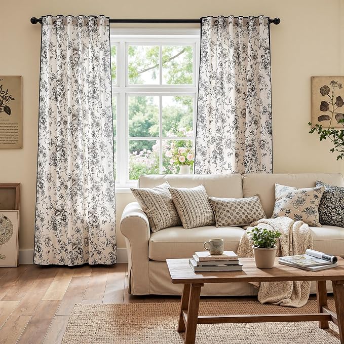 jinchan Floral Linen Curtains with Black Trim 90 Inch Back Tab 2 Panels | Light filtering drapes, semi sheer, french country, farmhouse, vintage, living room, bedroom, rod pocket, window treatment