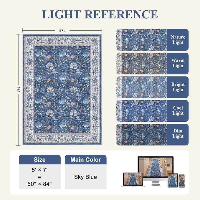 DUKINO 5x7 Area Rug, Vintage Floral Washable Rug for Living Room, Sky Blue | Non Slip, Low Pile, Non-Shedding, Stain Resistant Lightweight Boho Soft Carpet for Bedroom Home Office Dining Room Farmhouse