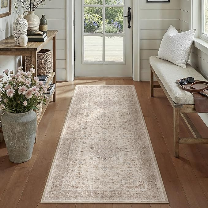 PureCozy 2x6 Washable Runner Rug Beige Vintage Traditional Oriental | Non Slip, Soft Low Pile, Hallway Carpet for Kitchen, Entryway, Laundry Room, Distressed Retro Decor