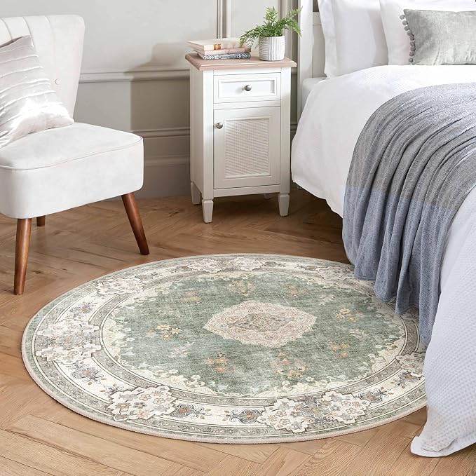 MUJOO Green Round Rug 4ft Small Circle Washable Area Rug Non Slip Floral | Circular Rugs for Bedroom Living Room Entryway Bathroom Bedroom Boho Throw Carpet Soft Low Pile Indoor Flowers Sage Green