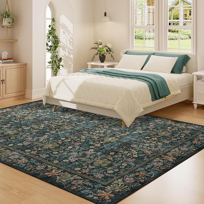 DUKINO 5x7 Area Rugs, Vintage Floral Washable Rug for Living Room, Blue | Non Slip, Low Pile, Soft, Lightweight, Boho Indoor Carpet for Bedroom, Office, Dining Room, Dorm Room, Farmhouse, Home Decor