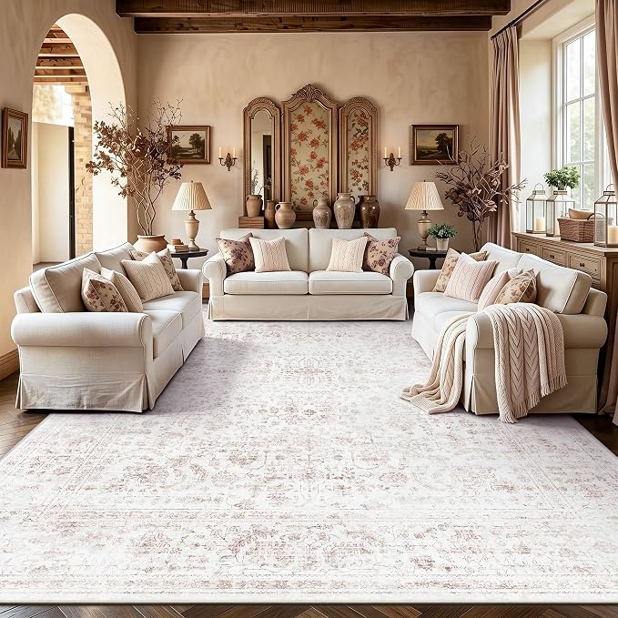 8x10 Area Rugs for Living Room, Washable Vintage Retro Floral Rug, Low Pile Non Slip Distressed Large Carpet for Bedroom, Dining Room, Office, Home (Pink)