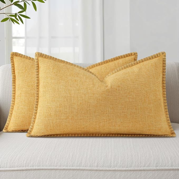 decorUhome Yellow Faux Linen Outdoor Throw Pillow Covers 12x20 Set of 2 | Fall Decorative Textured Neutral Modern Farmhouse Pillow Covers with Stitched Edge for Couch Sofa Bed Living Room