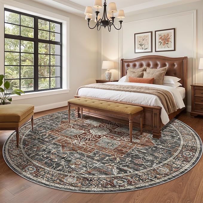 Roxstand 9ft Round Washable Area Rug, Non Slip Rug, Grey/Brown/Tan | Large Round Rug, Vintage, Non-slip Backing, Low-Pile Carpet, Stain Resistant, Rugs for Living Room Bedroom Dining Room