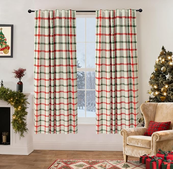 DriftAway 100% Blackout Plaid Curtains 63 Inches Long 2 Panels Red Green | 100% Blackout, Linen Texture, Plaid Pattern, Two Layers, Rod Pocket & Back Tab, Bedroom Living Room Use, Luxury Appearance