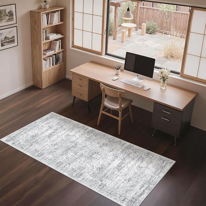 3x6 Runner Rug Non Slip,Washable Hallway Runner Rug,Grey | Neutral Rugs for Kitchen,Entryway,Bedroom,Bathroom,Nursery Room,Thin,Soft Runner Rug,Stain Resistant Indoor Carpet