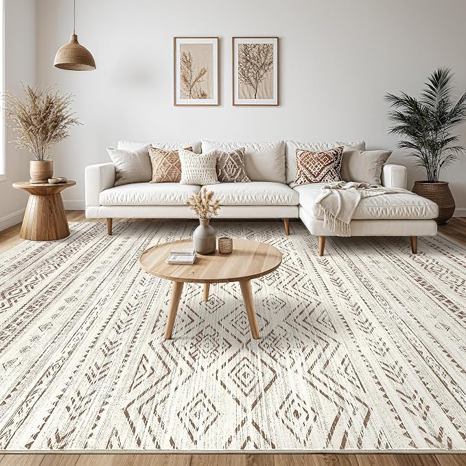 Tortania Area Rug Living Room Rugs - 9x12 Washable Large Soft Neutral Boho Moroccan Bohemian Farmhouse Rug Indoor Floor Carpet for Bedroom Under Dining Table Home Office Decor - Beige Brown