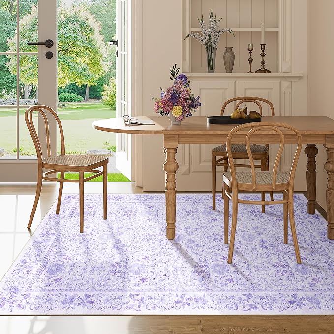DUKINO 5x7 Area Rugs, Vintage Floral Washable Rug for Living Room, Purple | Non Slip, Low Pile, Soft, Lightweight, Boho Indoor Carpet for Bedroom, Office, Dining Room, Dorm Room, Farmhouse, Home Decor