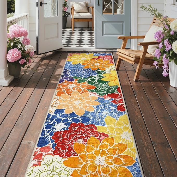 GENIMO 2’x5’ Indoor Outdoor Runner Rug for Hallway, Washable Waterproof Bedside Rugs, Non-Slip, Floral Mat Carpet for Patio, Living Room, Bedroom, Balcony, Kitchen, Deck, Porch, Colorful